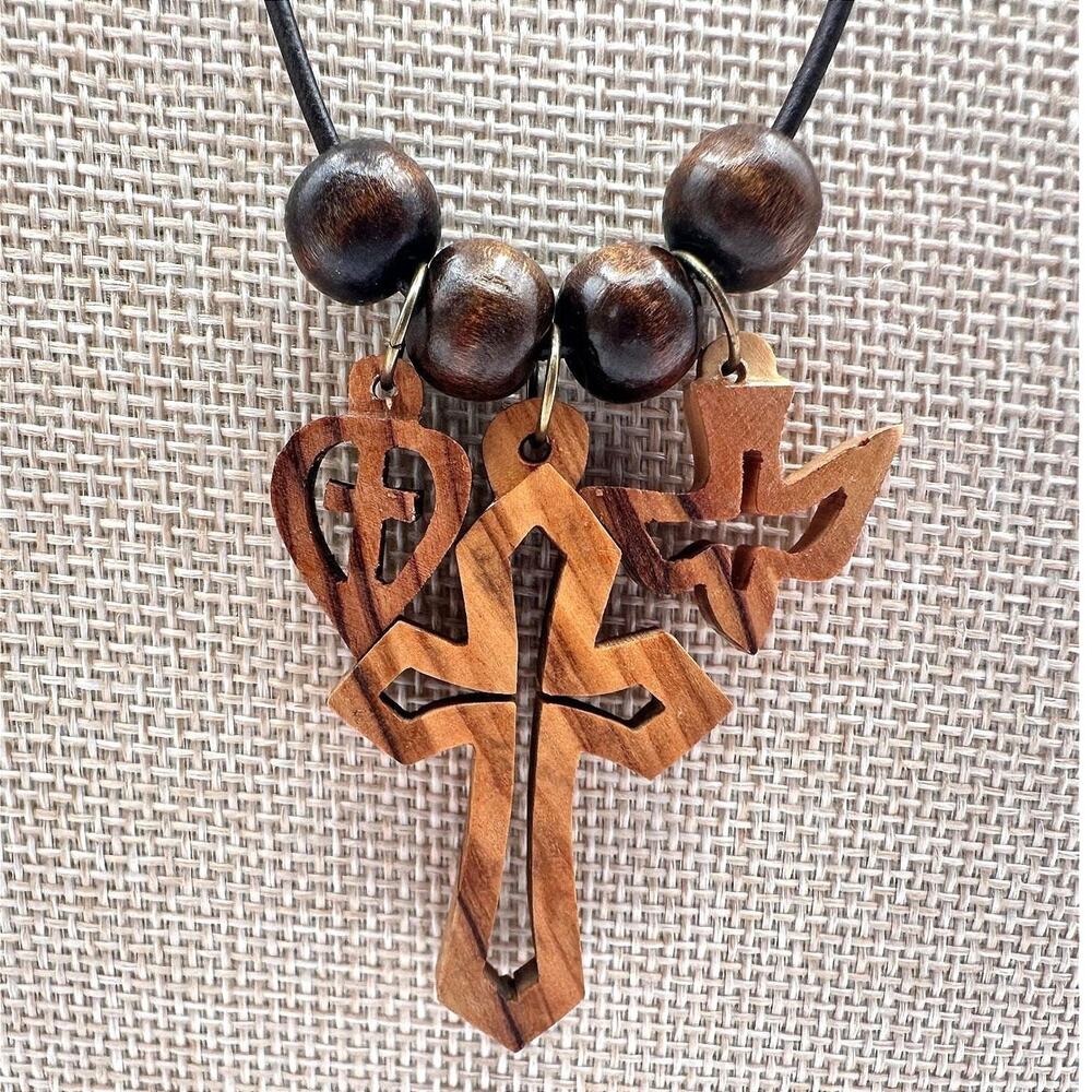 Vintage 50s Handmade Wood Necklace Cross Heart Holy Spirit Dove Charms Jewelry